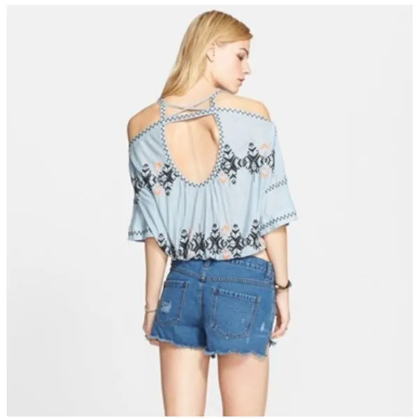 Free People Blue New World Embroidered Bohemian Cold Shoulder Peasant Top Size M - Image 3