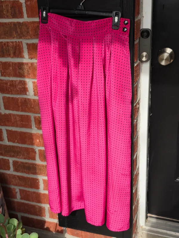 Vintage Fushia And Black polka dot Satin midi skirt Small - Image 2
