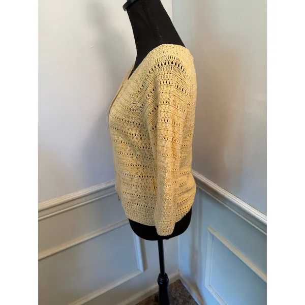 Vintage David Brooks Open Knit Crocheted Zip-Front Yellow Cardigan Sweater Boho - Image 5