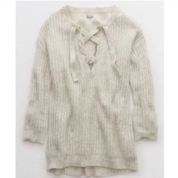 Aerie Womens Size Small Oversized Lace-Up Pullover Sweater Tunic Oatmeal Heather - Image 2