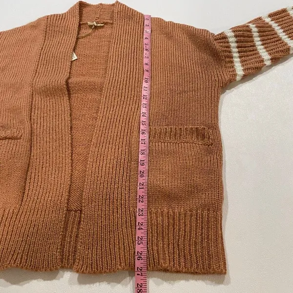 Easel Los Angeles Brown Knit Cardigan White Stripe Sleeves Open Front Size M - Image 8