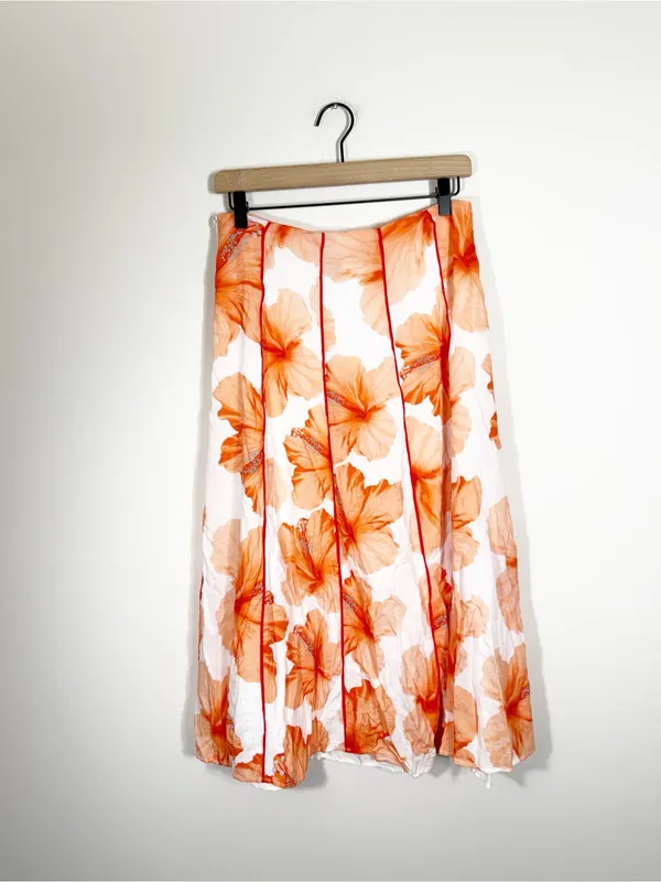 Anthropologie Farm Rio Orange White Floral Contrast Midi Skirt Size Medium - Image 6