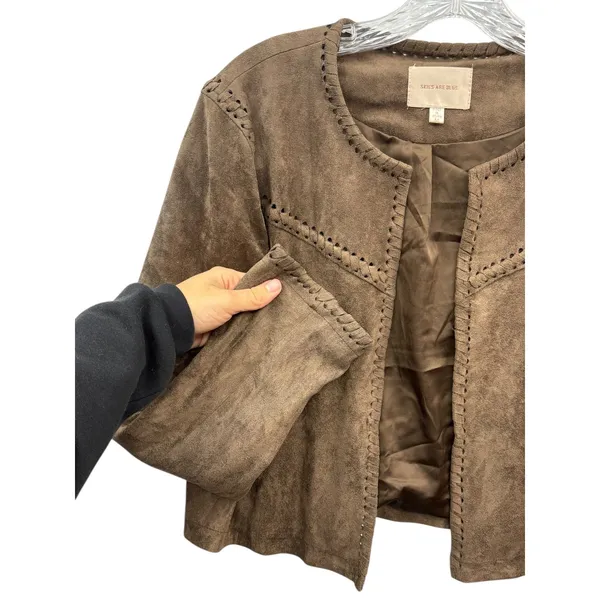 Skies Are Blue Faux Suede Brown Fringe Blazer Cropped Western Boho Jacket Chic M - Image 7