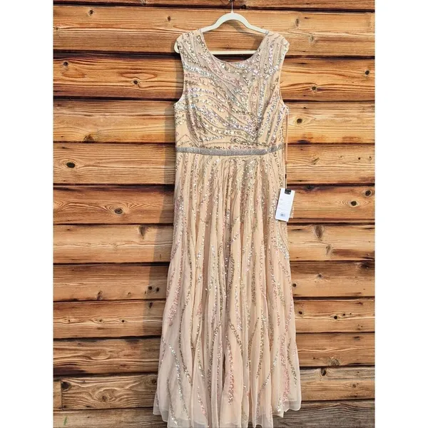 Mac Duggal 5445 Size 14 Beige Beaded Sequined Embellished Long Maxi Gown Dress - Image 6
