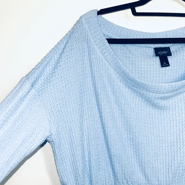 Daytrip Buckle Baby Blue Off The Shoulder Thermal Babydoll Top - Image 4