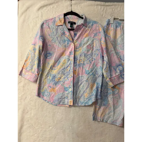 Lauren Ralph Lauren Pajama Set Womens Medium Pink Paisley Cotton 3/4 Sleeve Crop - Image 2