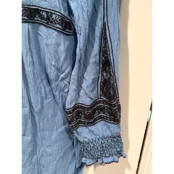 Free People Blue Embroidered Tunic Top‎ S Boho Peasant Tassel Mini Dress Blouse - Image 4