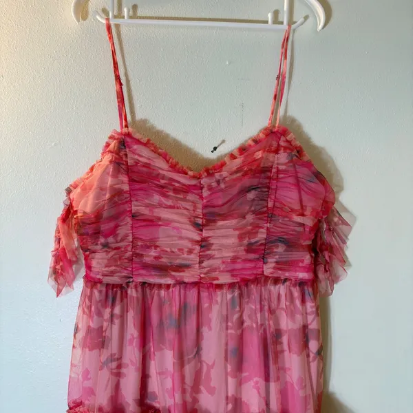 Lulus Exquisite Existence Pink Floral Mesh Pleated Ruffled Midi Dress Size XL - Image 3