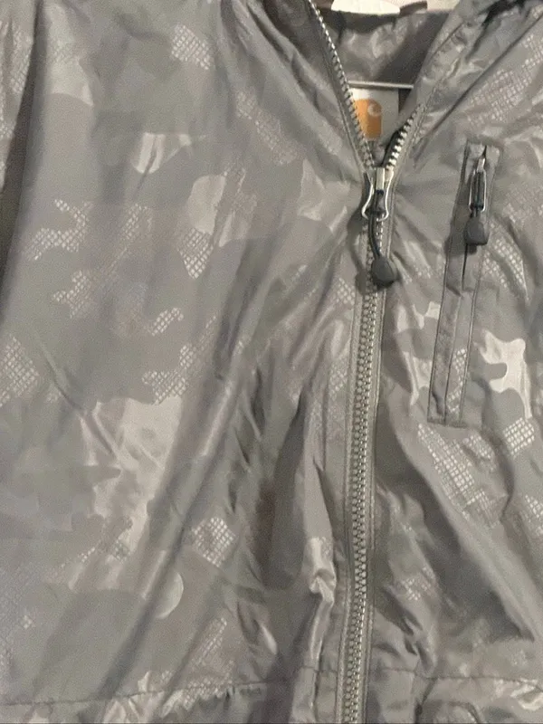 Carhartt Women's S Gray Camo Nylon Hooded Zip Up Windbreaker 3/4 Length - Image 3