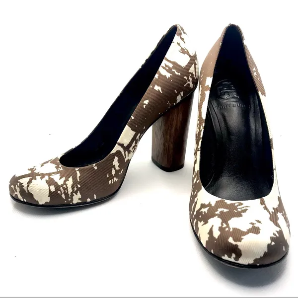 Tory Burch Brown & Cream Fabric "Bria" Stacked Heel Pumps (5m) - Image 3