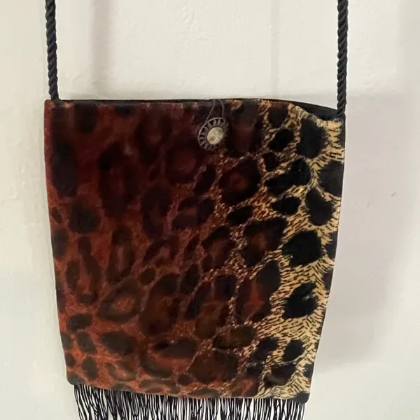 Velvet Leopard Print Fringe Bag Purse Brown - Image 4