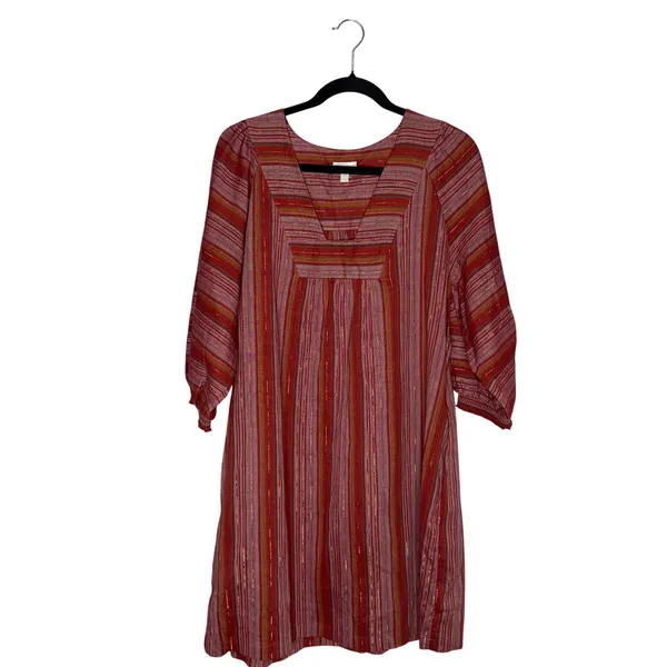 Garnet Hill Shift Dress Women L Red Orange Excellent Striped Organic Cotton Boho - Image 2