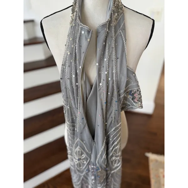 Unique Vintage Gray Silver Midi Fringe Sequin Flapper Costume Dress Halloween - Image 5