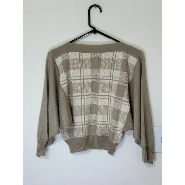 Vintage Ami Plaid Sweater Size 14/15 Cream Beige‎ Batwing Sleeve Knit Top - Image 2