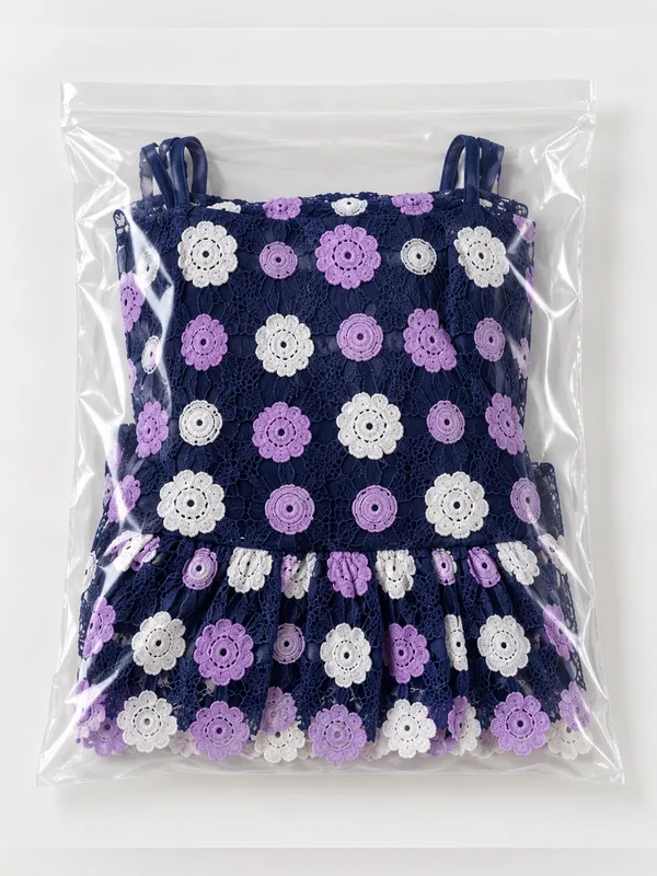 Just Me Navy Floral Crochet Midi Dress with Lavender and Cream Accents Navy Floral Croch - Image 5
