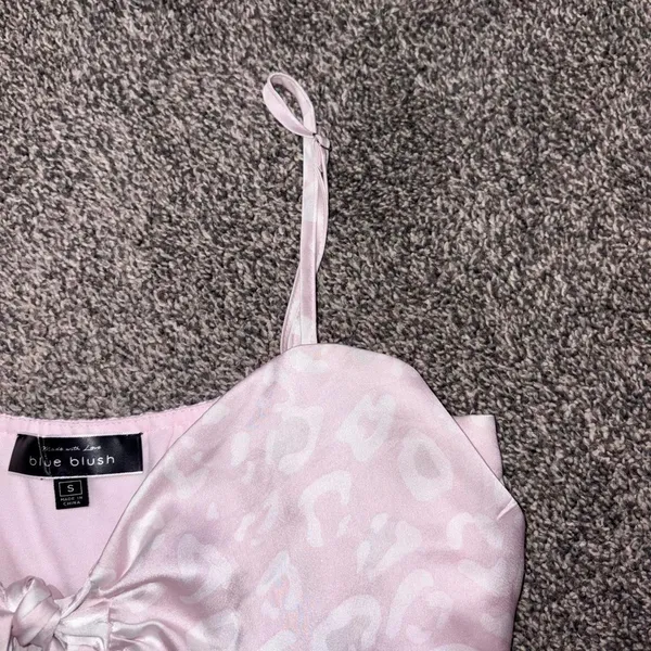 Blue Blush pink satin top with white leopard print, size S - Image 7