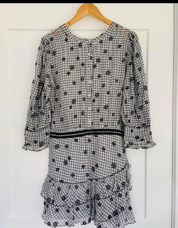 LoveShackFancy Lorelei Charcoal Floral Gingham Plaid Mini Dress Size Large - Image 5