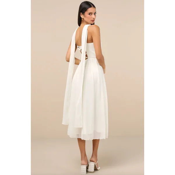 NEW Lulus Irresistibly Darling Ivory Chiffon Midi Dress and Scarf Set Large - Image 3