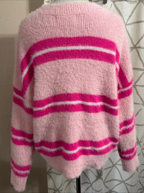 No Boundaries Pink Fuzzy Crewneck Sweater with Hot Pink Stripes - Image 4