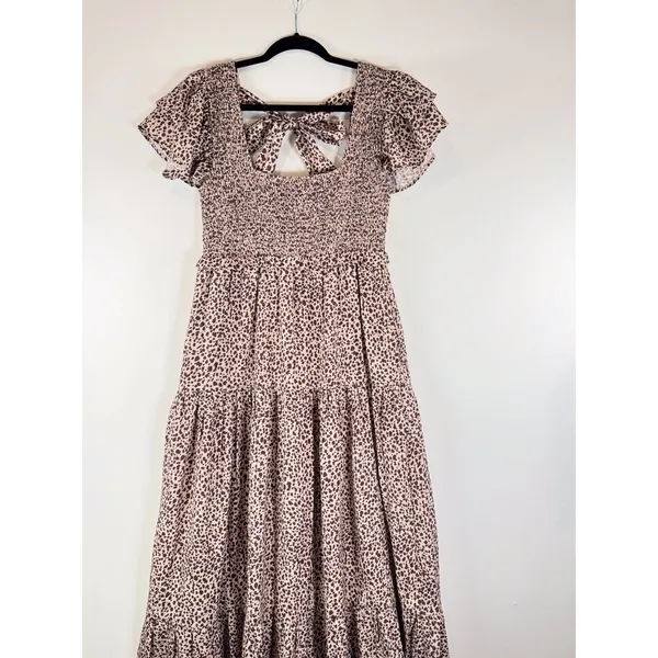 Revolve Majorelle Dress Beige Jade Maxi Cheetah Fit Flare Tiered Smocked Small - Image 7