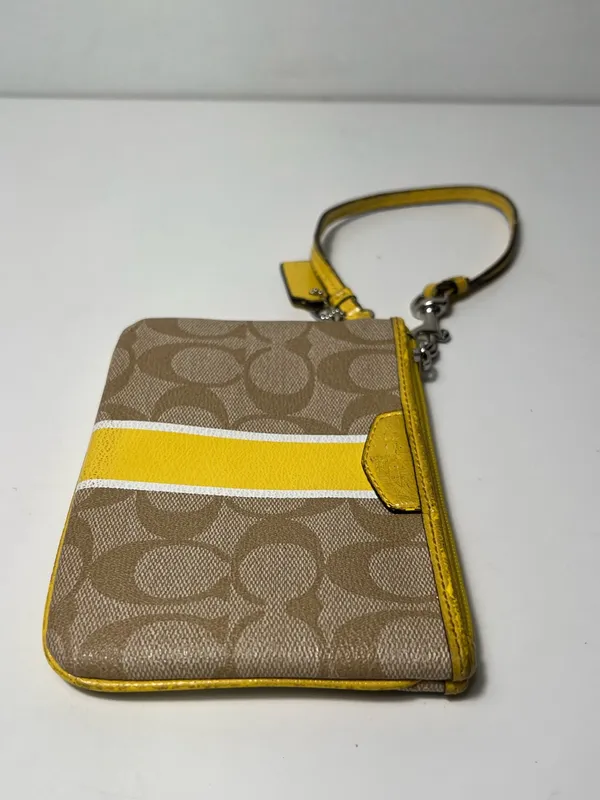 Coach Signature Corner Zip Varsity Stripe Yellow Canvas Wallet Wristlet - Image 6