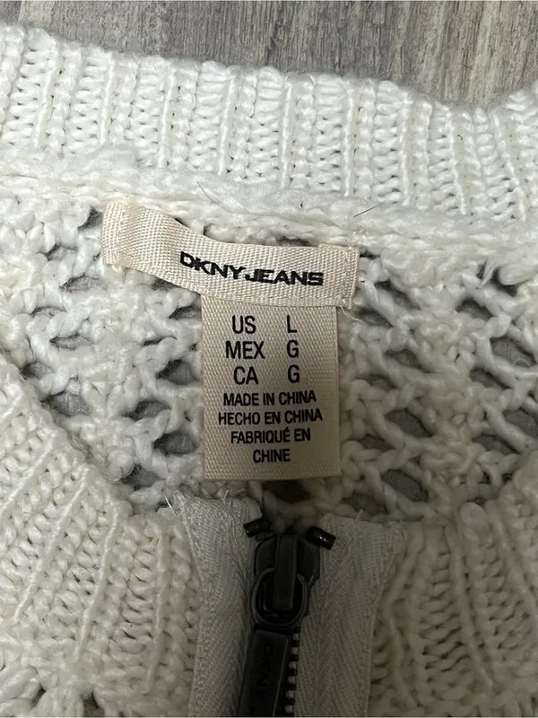 DKNY Jeans Cream Cable Knit Zip Cardigan Sweater Size L Wool Blend Pockets - Image 2