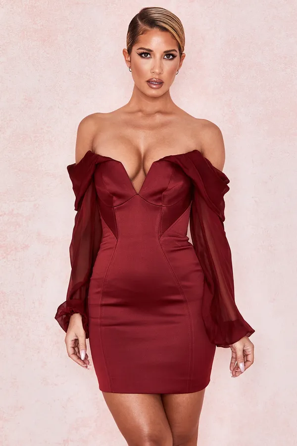 House Of CB 'Olivia' Wine Satin Off Shoulder Dress. Size Large - Image 10