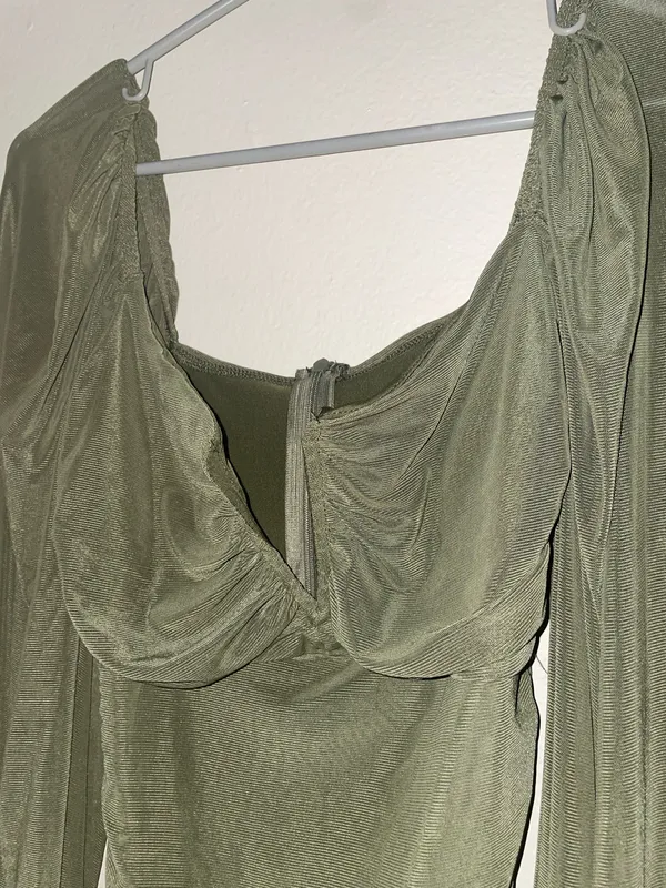 Zaful Olive Green Ruched Sheer Mesh Bodycon Dress Size Size L - Image 5