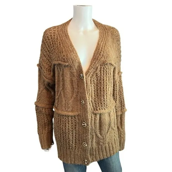 Leela & Lavender Oversized Tan Boyfriend Grandpa Cable Knit Cardigan Sweater L - Image 3