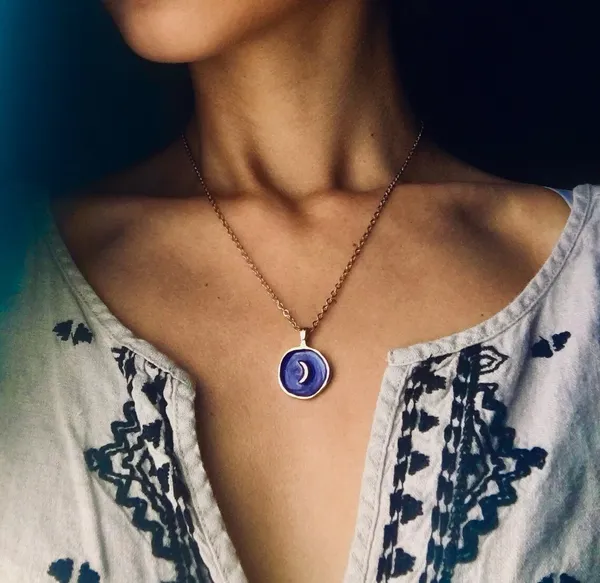 Purple Cresent Moon Charm Necklace Gold Chain w/ Celestial Pendant, Sun Stars - Image 3