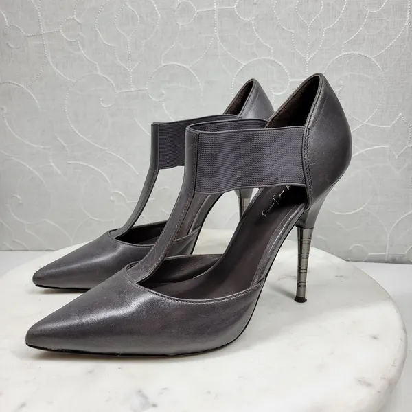 Elizabeth & James Stiletto Heels Womens 8 Gray Leather T-Strap Metal Spike Heel - Image 6
