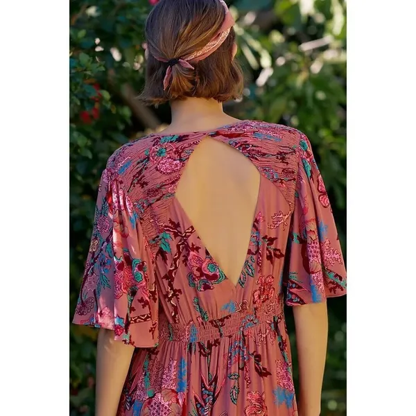 NWT by Anthropologie Ruffled Embroidered Maxi in Pink Floral V-neck Dress S - Image 3
