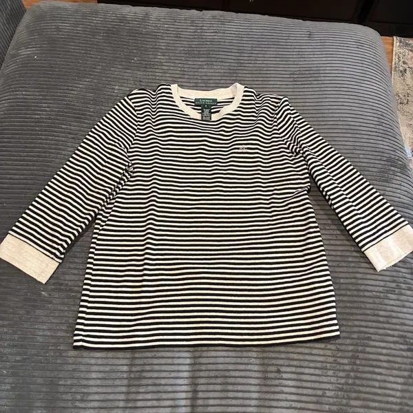VTG Lauren Ralph Lauren Womens Medium Striped Top Black and Light Beige - Image 2