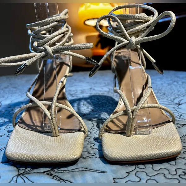 SIMMI LONDON Snake Embossed Cream Square Strappy Lace Up Stiletto Heels Sz 8 - Image 3