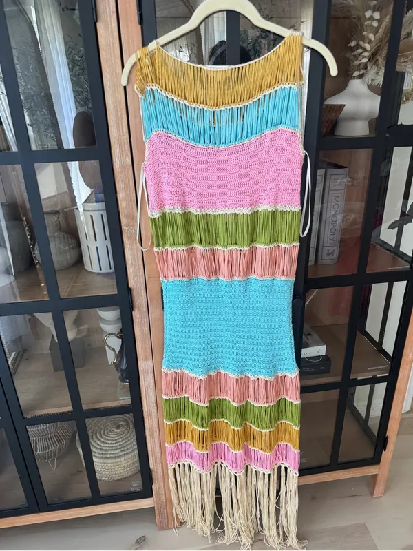 Mable fringe crochet dress Vacation Worthy Maxi Coverup colorful resortwear aqua - Image 5