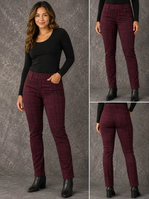 Liverpool Reagan Printed Skinny Burgundy Plaid Pants Size 6/28 - Image 2