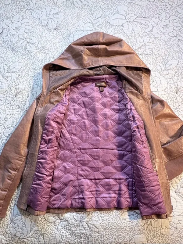 💥Danier Genuine Leather Hooded Moto Zip Up Jacket Brown Quilted Lining Sz L❤️ - Image 9