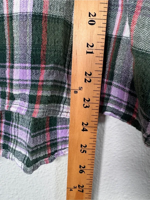 Pilcro Green Purple Plaid Henley Blouse Womens S Casual Fall Shirt Ruffled Boho - Image 4