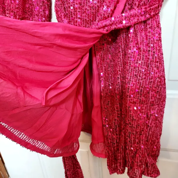NWT Body Love Hot Pink Sequin Wrap Long Sleeve Party Dress LG holiday bling midi - Image 8