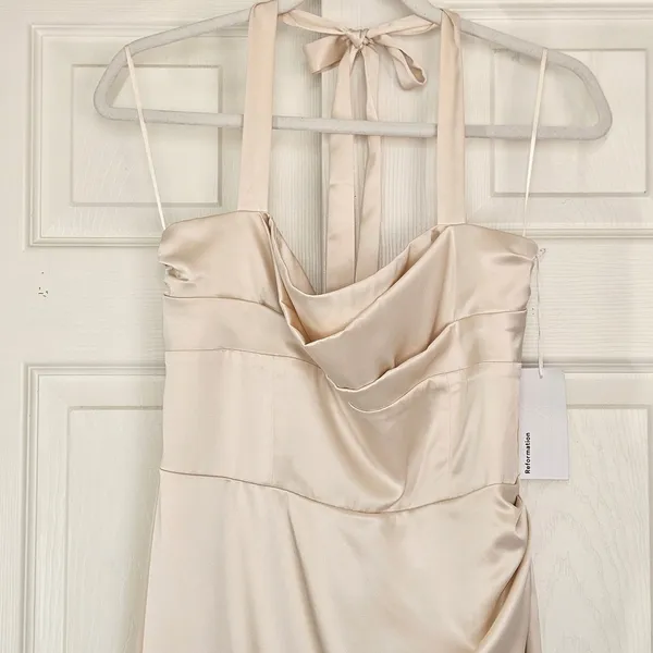 Reformation Solana Satin Dress Almond Beige Halter Midi‎ Cowl Neck 8 NEW Bridal - Image 7
