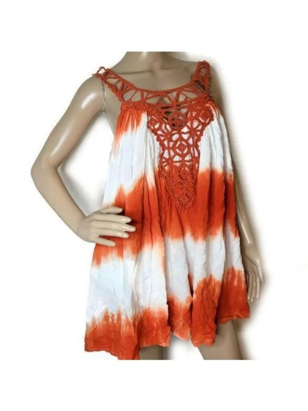 The Clothing Exchange Orange & White Tie-Dye Tank Dress With Crochet Front & Adjustable Straps small - Image 3
