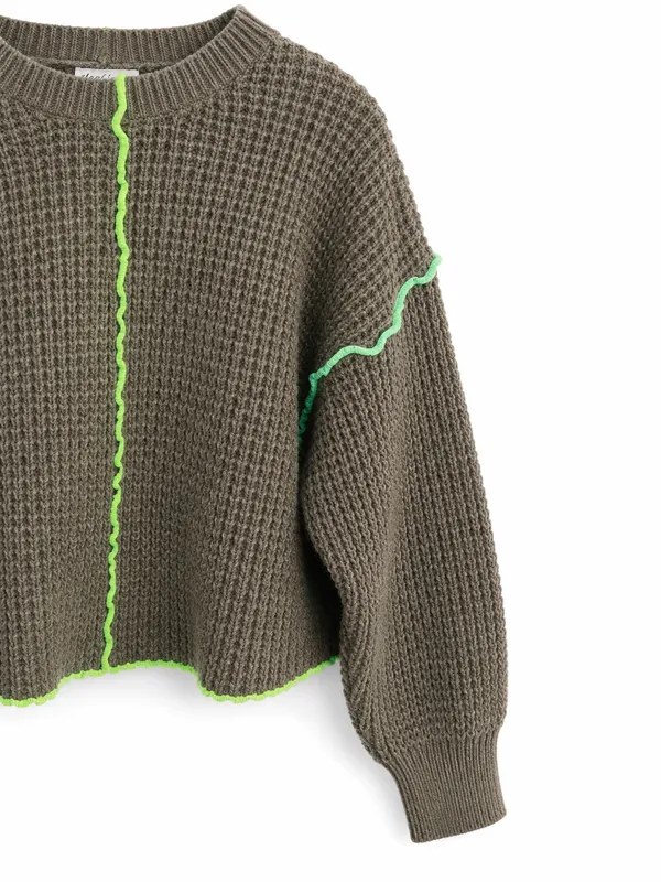 New IN Women’s Waffle Knit Sweater Medium Brown Neon Contrast Stitch - Image 4