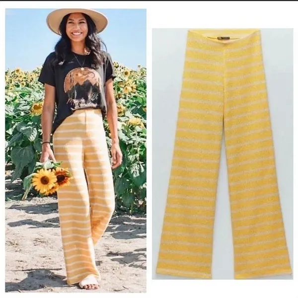 Zara Women Yellow White Striped Knit Wide Leg Pants High Rise Boho Summer Small - Image 2