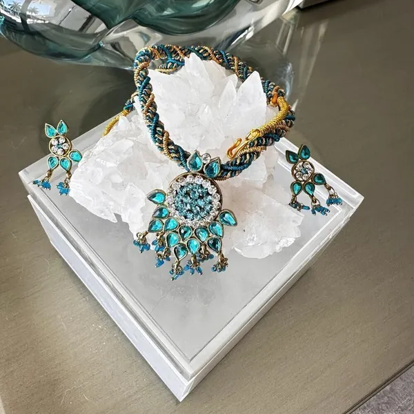 Ethnic Indian Necklace & Earrings Set – Turquoise Crystal Design - Image 4