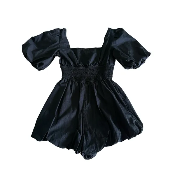 Anthropologie Maeve Puff Sleeve Smocked Romper XS Black Square-Neck Bubble Hem - Image 5