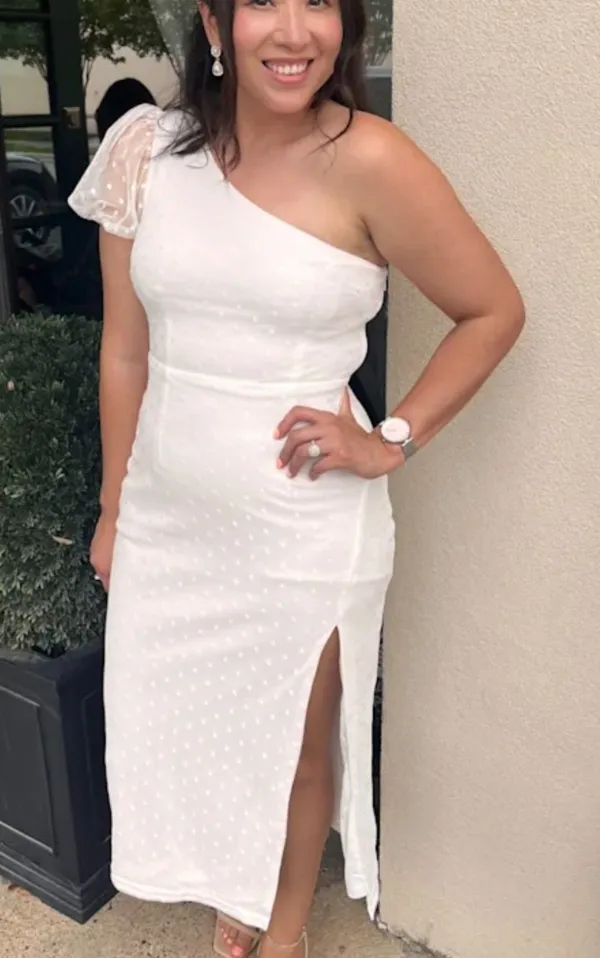 Lulus Amazing Glamour White Polka Dot Mesh One Shoulder Midi Dress Size XL NWT - Image 2