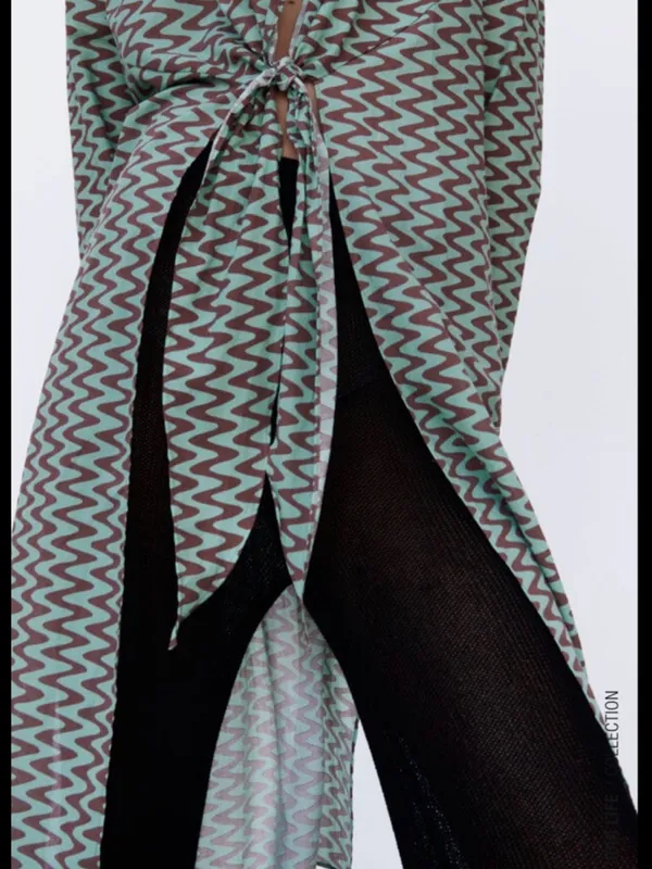 Zara 100% Cotton Mint Green & Black Chevron Tie-Front Long Shirt - Image 2