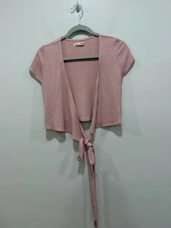 Reformation Jeans Pink Ribbed Tie Front Crop Top Size Small - Image 2