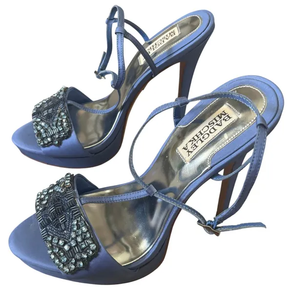 Badgley Mischka Amara T Strap Beaded Heels Sandals Sz 8.5 Light Blue Satin - Image 3