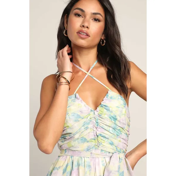 NWT Lulus Effortlessly Abloom Green Multi Floral Ruched Halter Maxi Dress Size L - Image 9